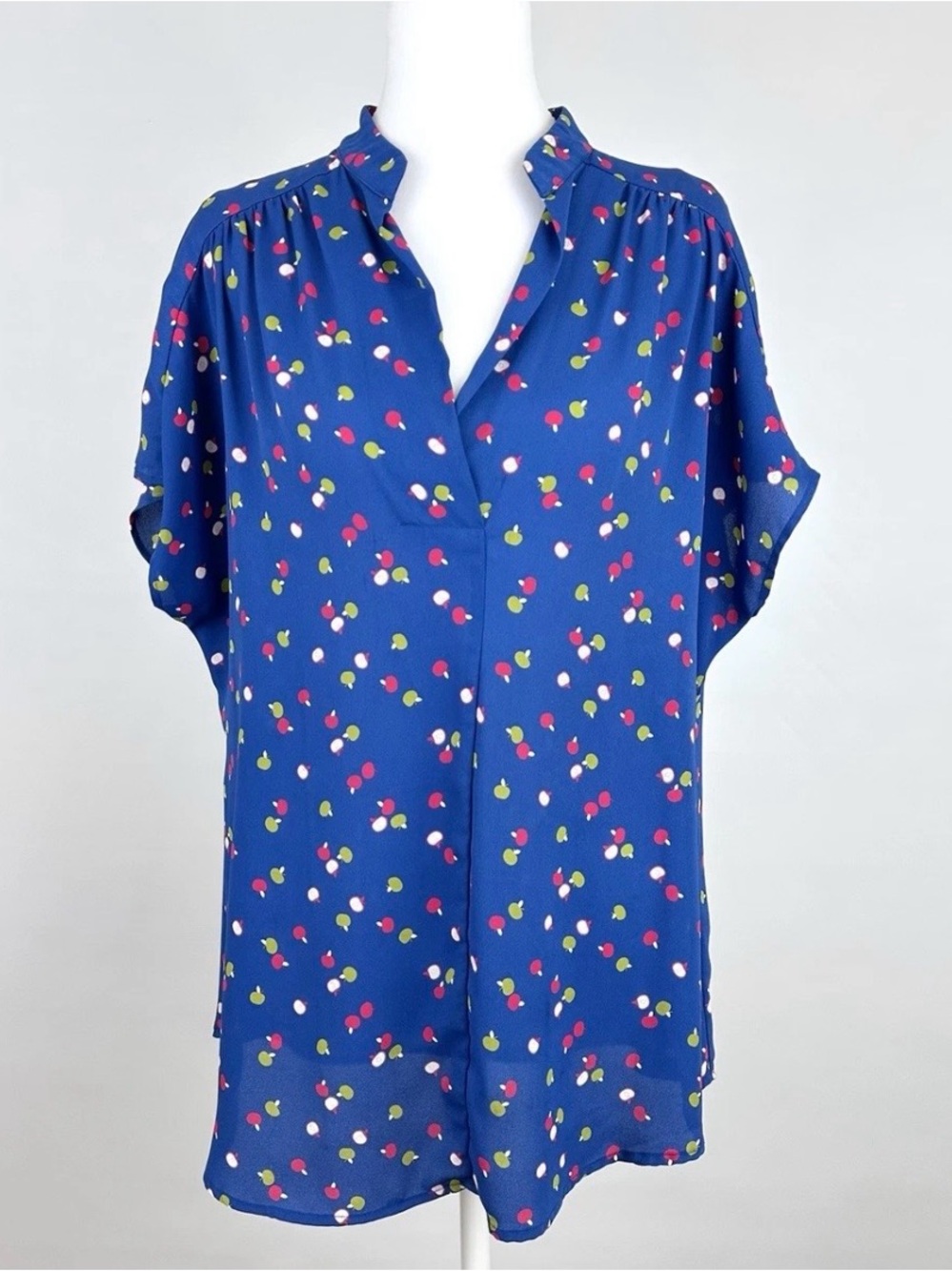 Pleione L Blue Apple Print Blouse Teacher Back to School Fall Split Neck Top